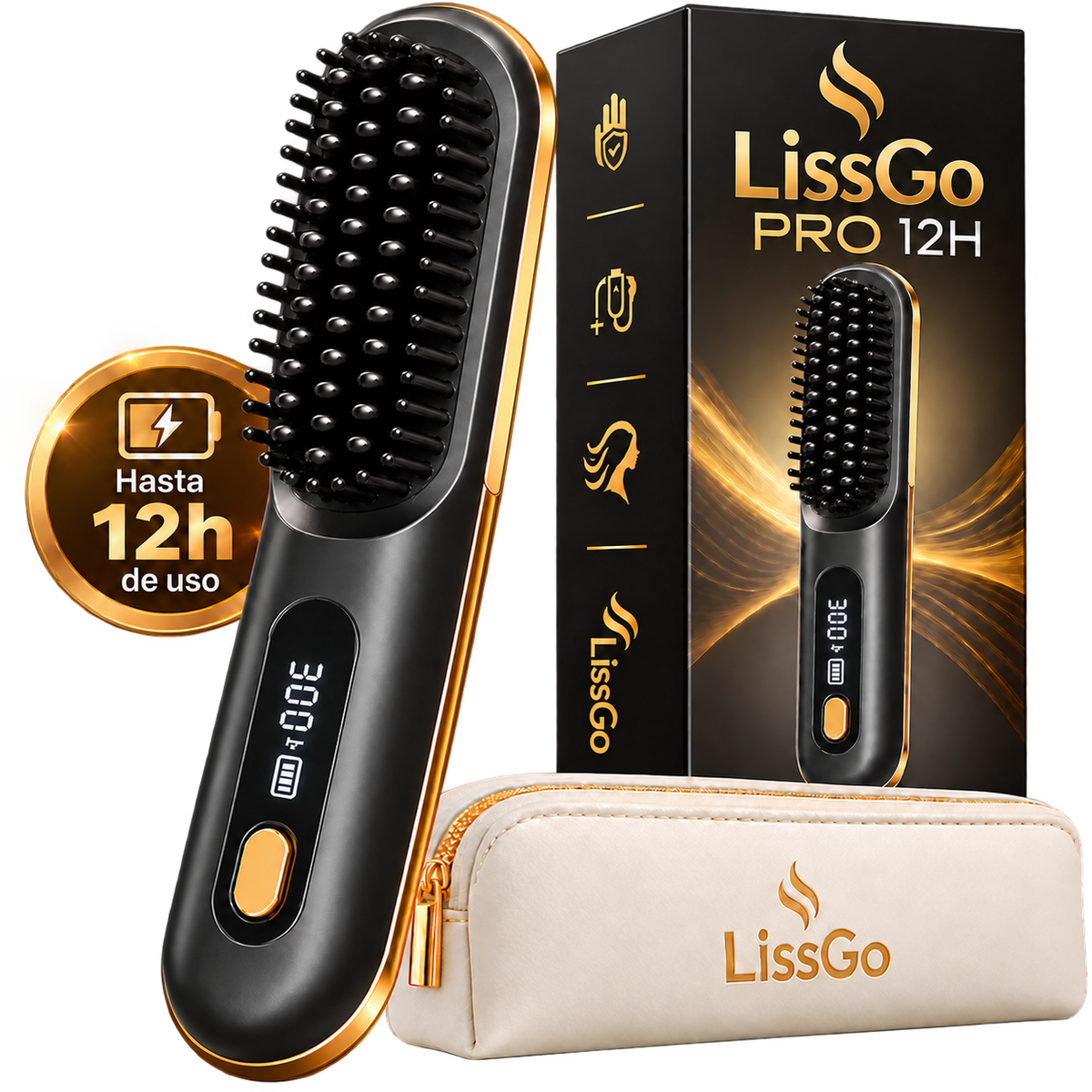 LissGo PRO 12H™ – Cepillo Alisador Profesional Inalámbrico + Estuche de Transporte