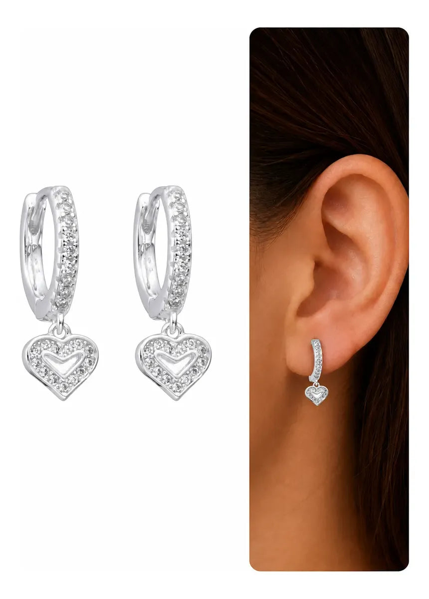 Aretes de Aro Huggie con Corazón Colgante y Circonitas