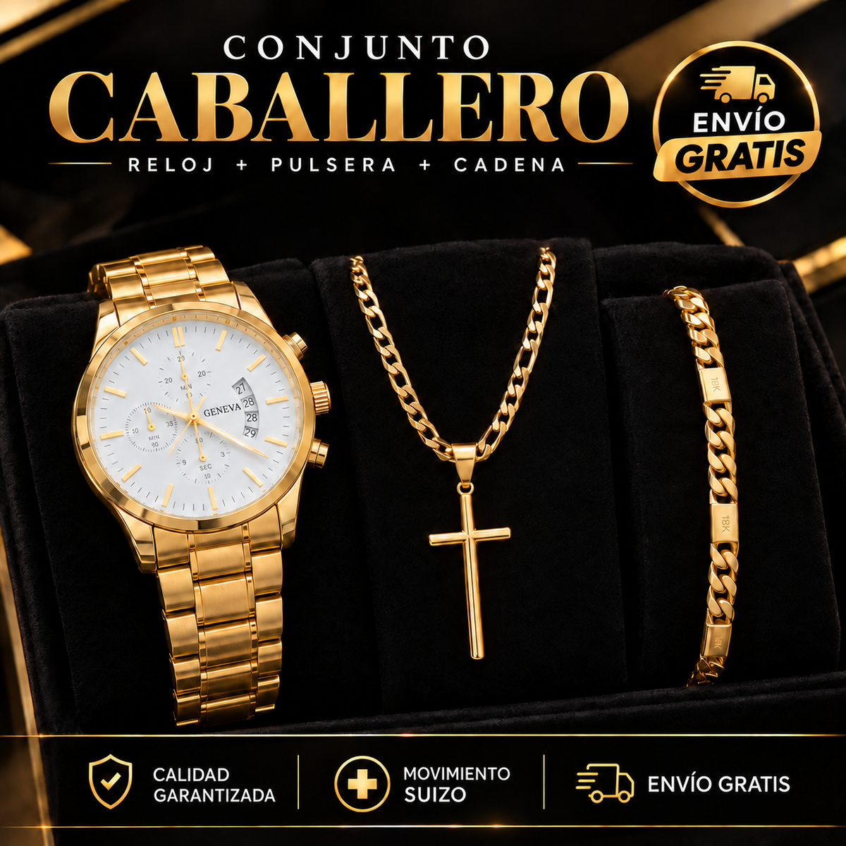 Set Caballero Premium – Reloj Suizo + Cadena + Pulsera
