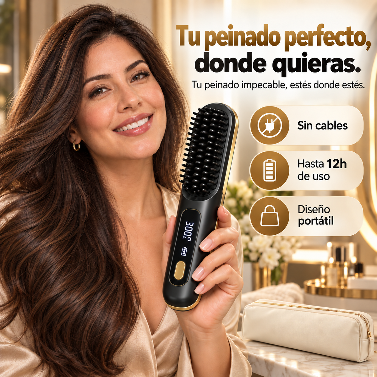 LissGo PRO 12H™ – Cepillo Alisador Profesional Inalámbrico + Estuche de Transporte